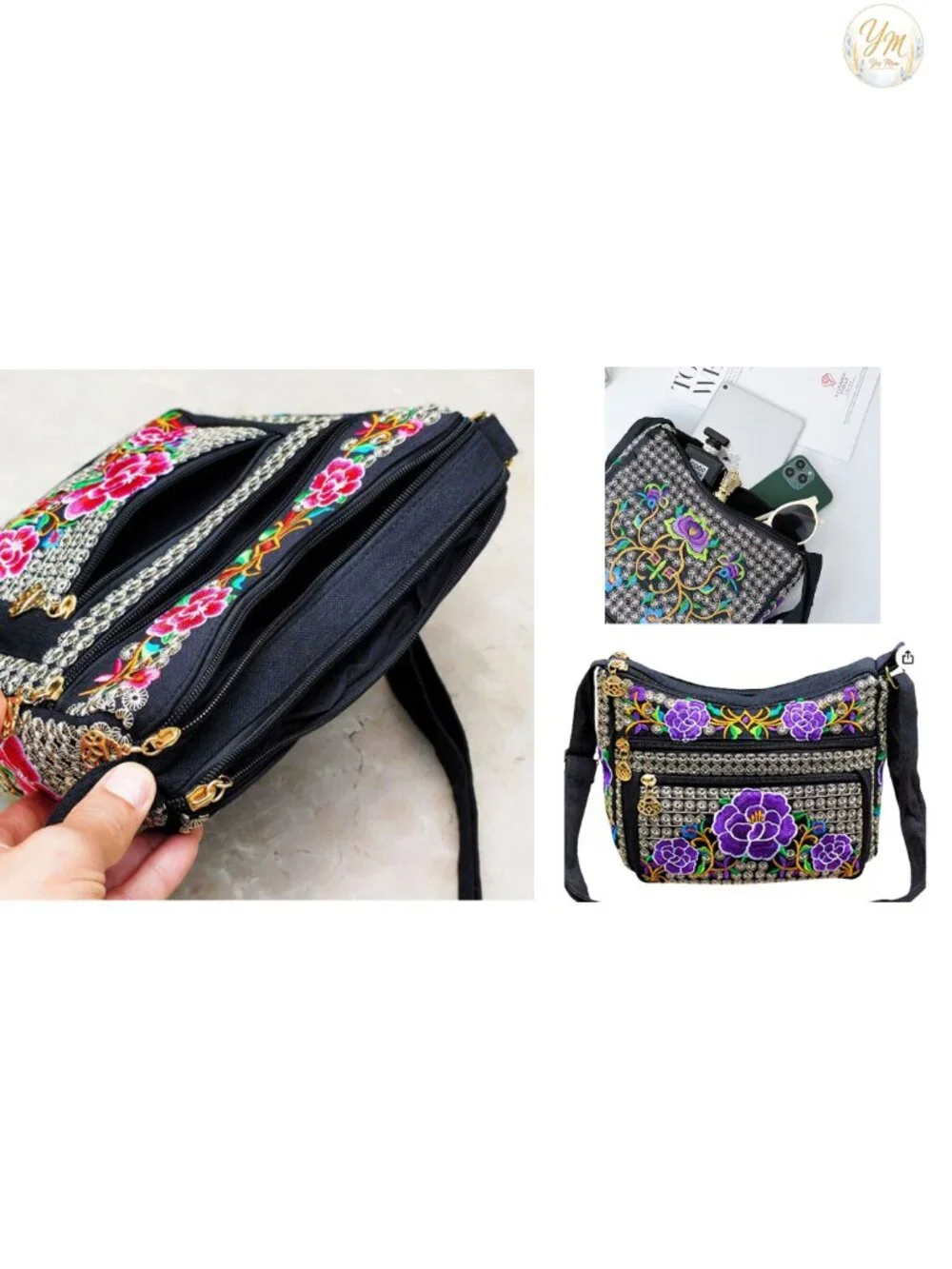 Canvas Embroidered Hobo Crossbody Bag, Adjustable Strap, Multipocket Purse